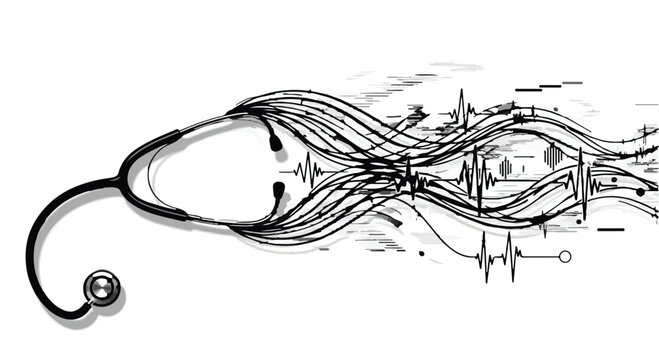 Abstract representation of a stethoscope intertwined with electrocardiogram waves, symbolizing health and science.