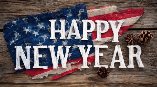 Beautiful photo of happy New Year USA America background banner panorama greting card template - American waving flag and lettering, isolated on rustic white texture.