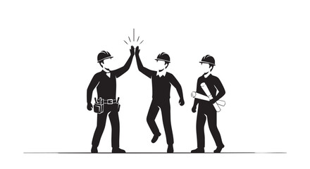 Three construction workers in silhouette celebrate a successful project with a high five, symbolizing teamwork and achievement.