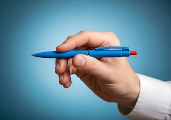 Close up of a person s hand holding a blue pen ready to write or draw against a soft blue background