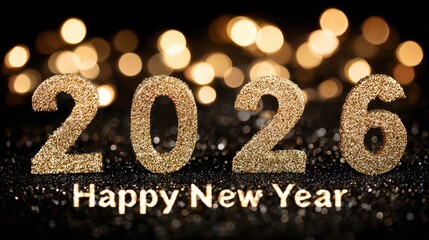 Beautiful photo of happy new Year, new Year's eve celebartion holiday greeting card long, illustration with text - Golden year 2026, clock and bokeh lights on black.