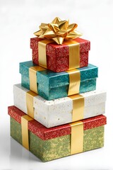 Stacked luxurious ribbon-decorated Christmas gift boxes