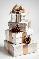 Stacked luxurious gold ribbon decorated Christmas gift boxes