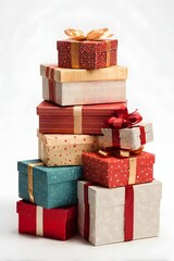 Stacked luxurious ribbon-decorated Christmas gift boxes