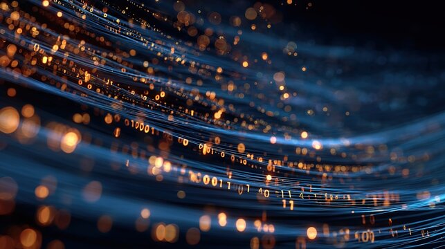 Modern tech-style data flow background: vertical numbers and binary code on blue backdrop with bokeh lights, blurred background for depth, copy/product display space