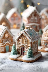 A cute gingerbread cookie village with a Christmas theme.