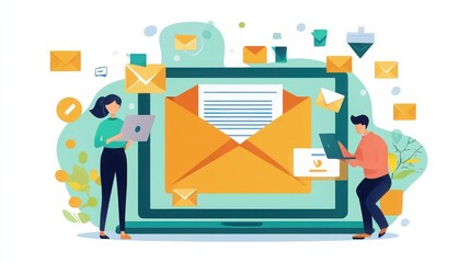 People sending and receiving emails with laptop isolated on white background