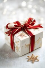 Christmas gift box decorated with red ribbon isolated on white