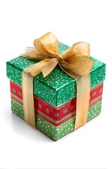 Christmas gift box decorated with ribbon isolated on white background