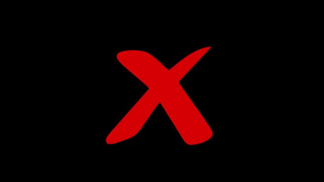 Red cross mark animation on black background, Error or cancel symbol animation, stop and not allowed sign chroma key background.