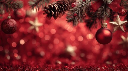 Beautiful photo of red banner with Christmas decorations on blurred bokeh effect background.
