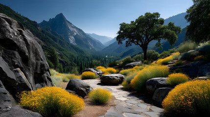 Hike through Yosemite's vibrant meadow with stunning mountain views and blooming yellow wildflowers for a peaceful nature escape and tranquil outdoor adventure