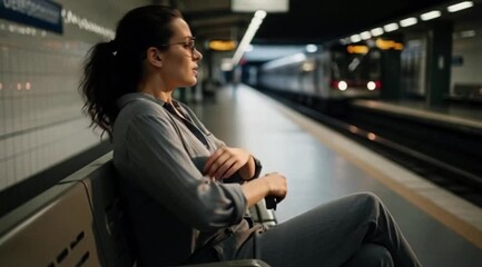 A  quiet travel moment showing a Caucasian woman with black hair sitting on a train or bus while dearly waiting for someone special ,  Generative AI.