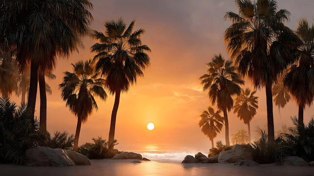 Dreamy tropical beach sunset getaway with palm trees swaying in the breeze as gentle waves roll ashore, perfect for vacation vibes and tranquil escapes - Powered by Adobe