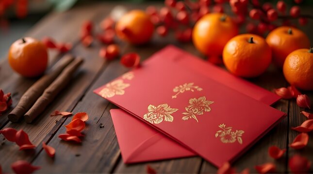 Festive Chinese New Year Red Envelopes, Tangerines, and Decorations on Wood