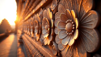 Intricate floral stone carvings bathed in golden light at dusk or dawn