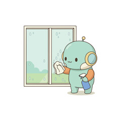 Fototapeta premium Cute cartoon robot cleaning window with spray bottle and cloth.