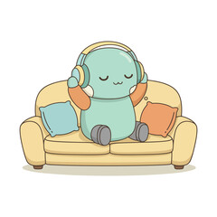 A cute blue cartoon character with headphones relaxing and listening to music on a yellow sofa.