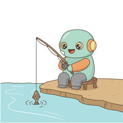 Adorable cartoon robot happily fishing for a small fish from a wooden dock.