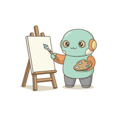 Cute Cartoon Robot Character Painting on an Easel with Brush and Palette.
