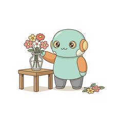Cute Robot Arranging Flowers in a Vase on a Wooden Table.