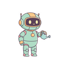 Cute cartoon robot holding watering can friendly AI character illustration.