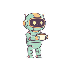 Cute Cartoon Robot Holding a Cup of Coffee.