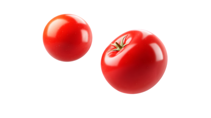 Bright red tomatoes levitate softly in clean background, isolated on white