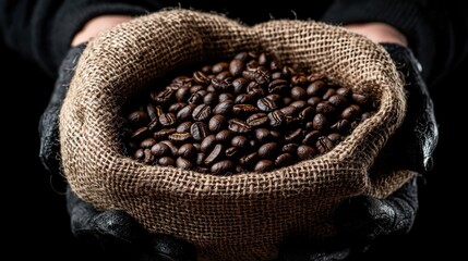 Close-up of gloved hands holding a burlap sack overflowing with roasted coffee beans against a black backdrop