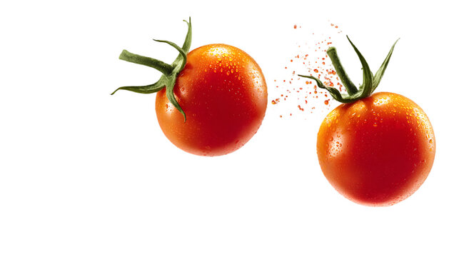 The fresh tomatoes showcase perfect round shape and vivid hue, isolated on white - Powered by Adobe