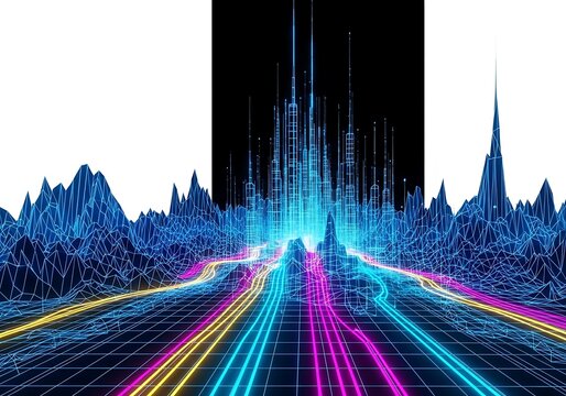 Abstract digital cityscape with neon light trails and futuristic architecture