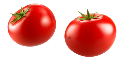 The ripe tomatoes hover softly showing natural freshness, isolated on white