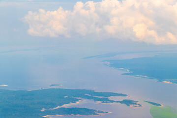 Flight in plane with aerial panorama view to Amazonas Brazil.