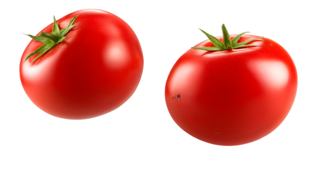 The ripe tomatoes hover softly showing natural freshness, isolated on white