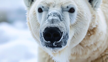 Close-up of a polar bear staring directly at the viewer, covered in snow.