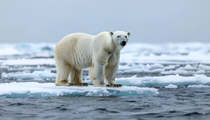 A polar bear stands on an ice floe in a cold, arctic environment, looking towards the viewer.