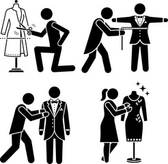 Tailor, Dressmaker, and Fashion Design Process Black Icons Set