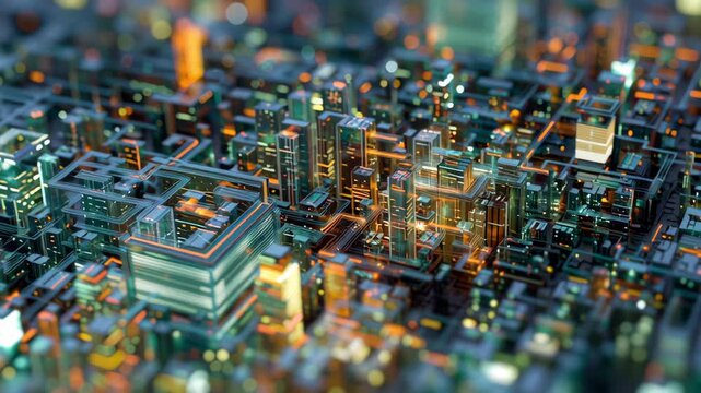 A cityscape with many buildings and a lot of lights. Macro shot digital city ecosystem future emergent infrastructure represented as generative evolving micro shapes, digital city ecosystem