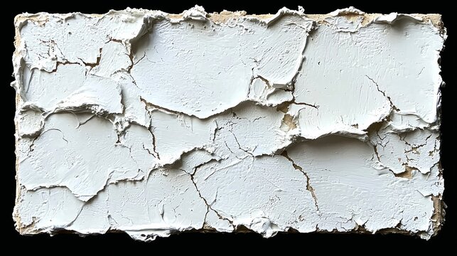A close-up view of a rectangular object covered in thick, textured white plaster that is cracked and peeling, revealing a rough, brown surface underneath.