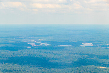 Flight in plane with aerial panorama view to Amazonas Brazil.