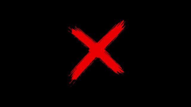 Red cross mark animation on black background, Error or cancel symbol animation, stop and not allowed sign chroma key background.