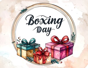 Watercolor Boxing Day graphic with gift boxes and decorative frame