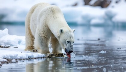 A polar bear drinks from icy water, with snow and mountains in the background.
