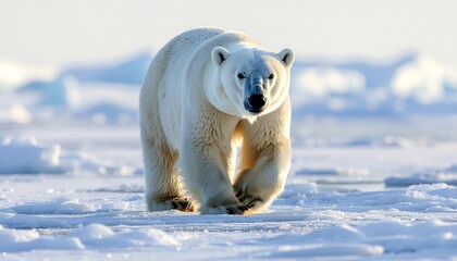 A majestic polar bear walking confidently across a snowy, icy landscape.