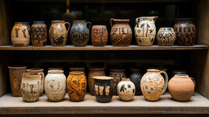 Wooden shelves display various handcrafted ceramic jugs and pots, decorated with earthy tones and intricate, stylized designs