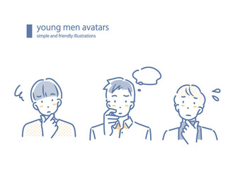 悩み事を抱える若い男性たち　シンプルでお洒落な線画イラスト
