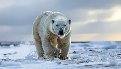A majestic polar bear walks confidently across a snowy, icy landscape.