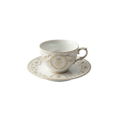 White porcelain cup of hot tea or coffee on a saucer, isolated object