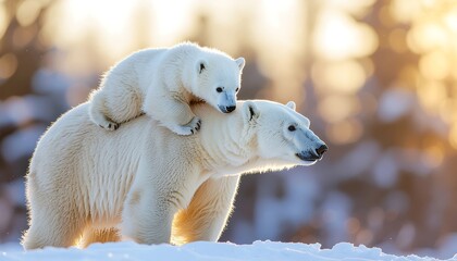 A polar bear cub rides on its mother's back in a snowy environment, bathed in soft, natural light.