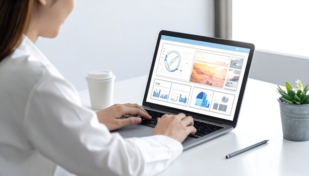 A person with long hair is working on a laptop, displaying several data charts and graphs on the screen. A coffee cup and plant are on the desk